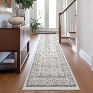 Runner Rug 3x7 - Machine Washable Beige Vintage Floral